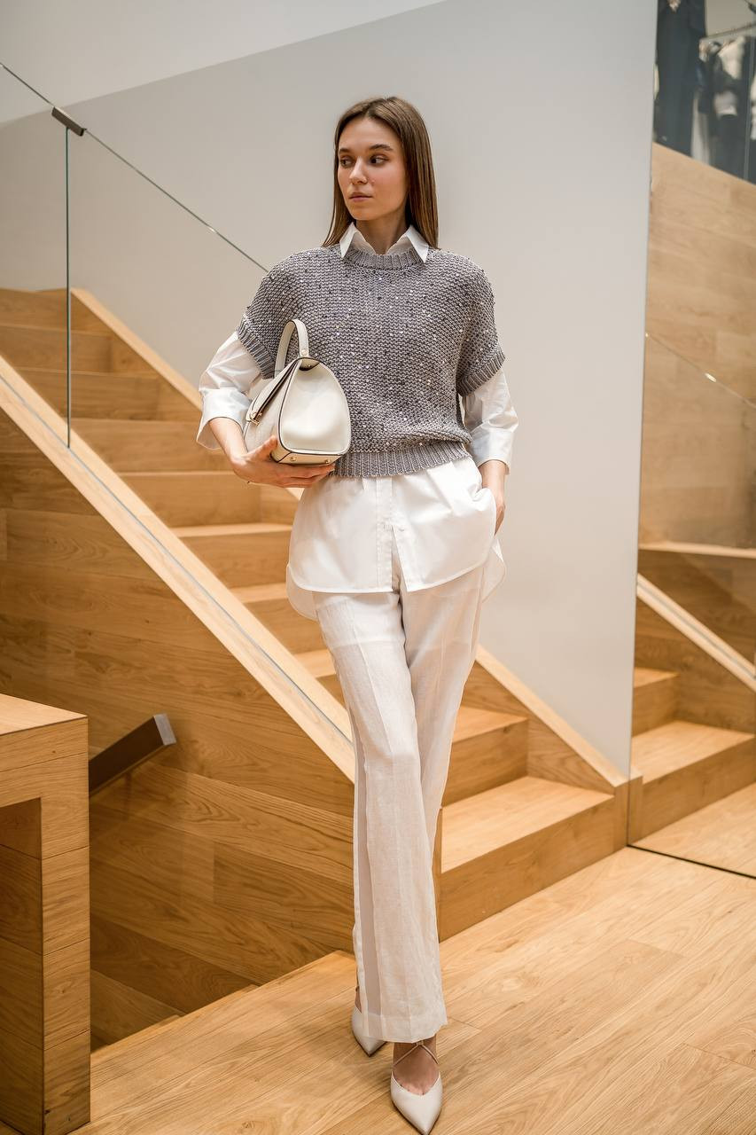 Image 6 Peserico White linen pants with stripes E04299A2600