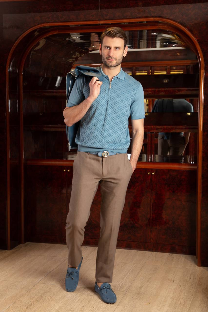 Image 6 Stefano Ricci Blue polo shirt with patterned silk K818090P31F25172