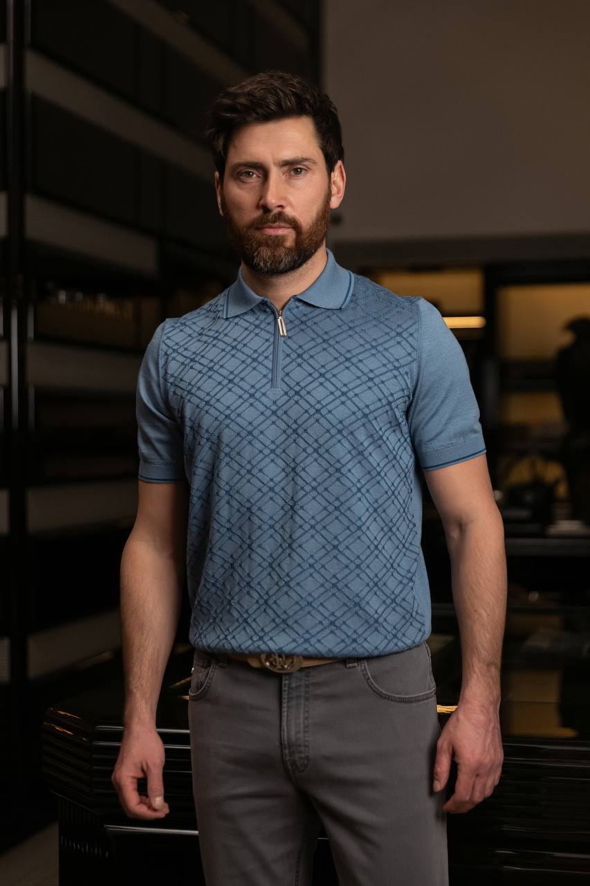 Image 7 Stefano Ricci Blue polo shirt with patterned silk K818090P31F25172