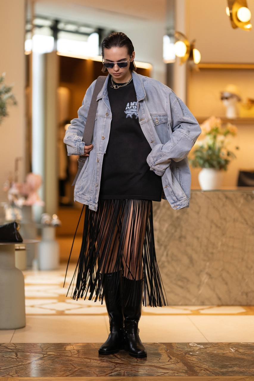 Image 7 Simonetta Ravizza Lauren black leather skirt with fringe S05SK60L1