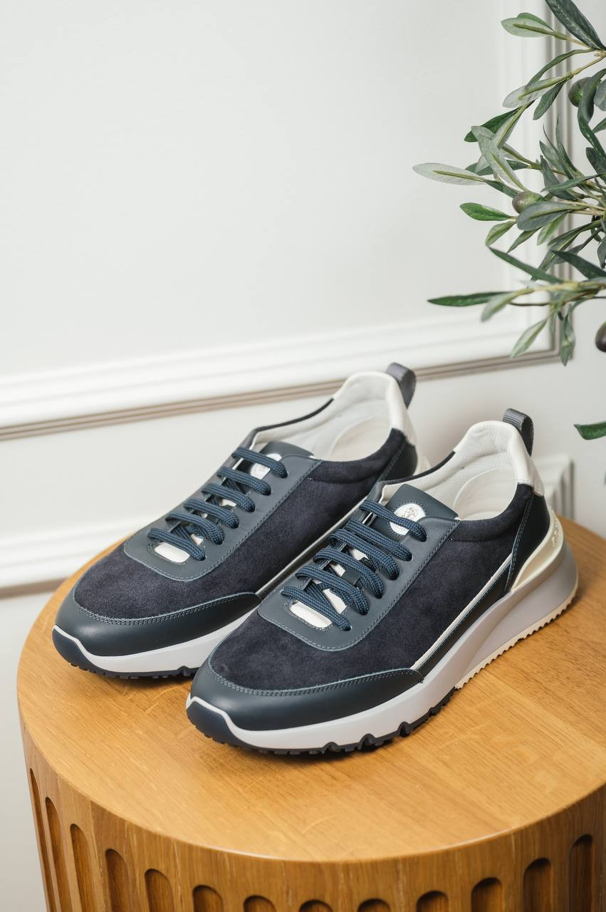 Image 7 Brunello Cucinelli Blue leather sneakers with textured logo MZUSGGO278