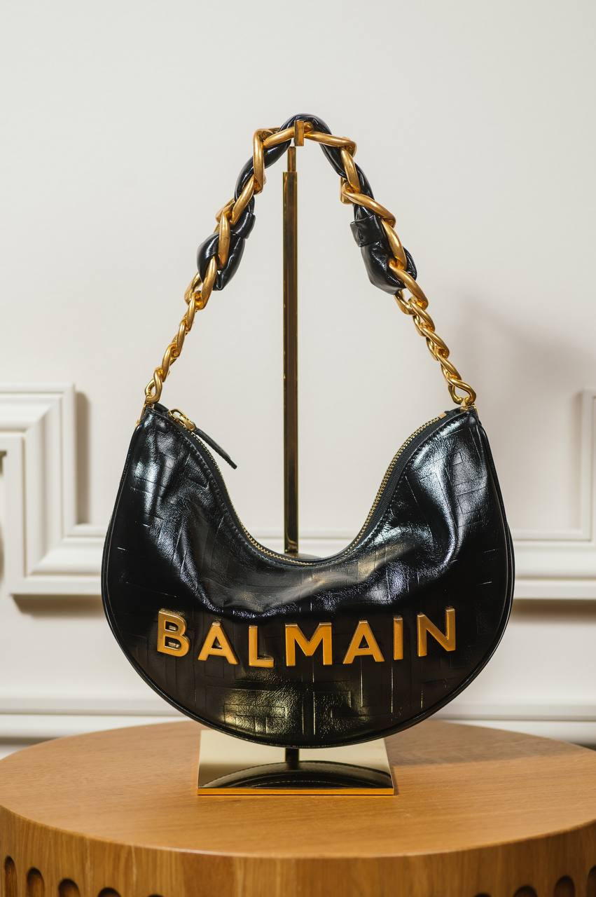 Image 8 Balmain 1945 Soft Moon Black Leather Hobo Bag with Metal Logo EN1BQ954LETF