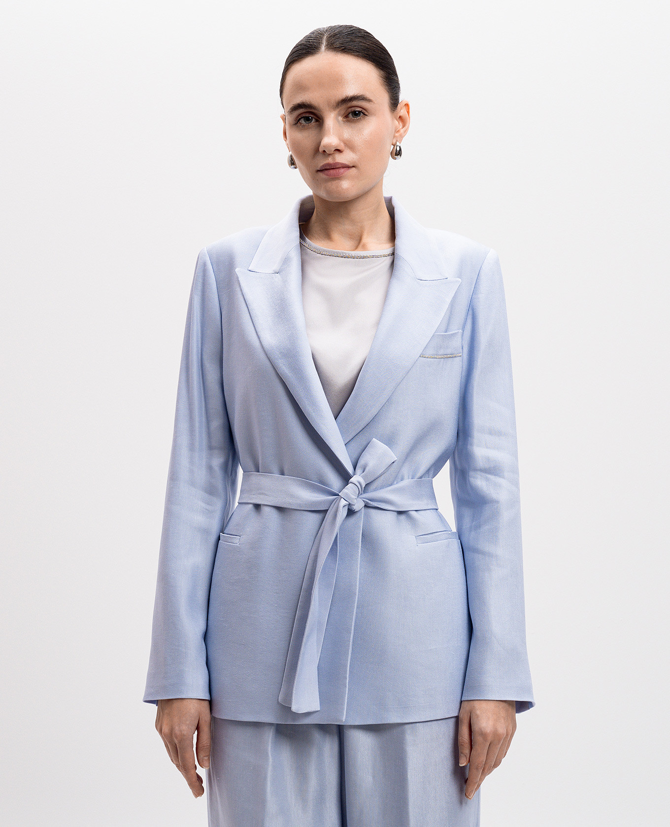 Image 3 Peserico Blue double-breasted linen jacket with monil chain S01168A01921