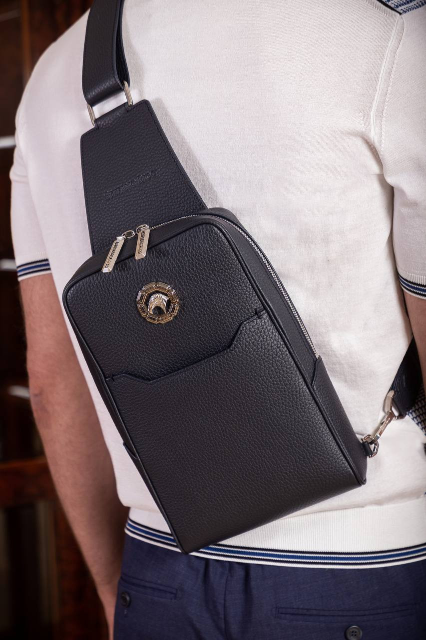 Image 5 Stefano Ricci Blue leather sling bag with palladium-plated buckle ND219GPVD